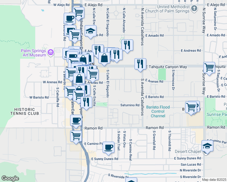 map of restaurants, bars, coffee shops, grocery stores, and more near 691 East Arenas Road in Palm Springs