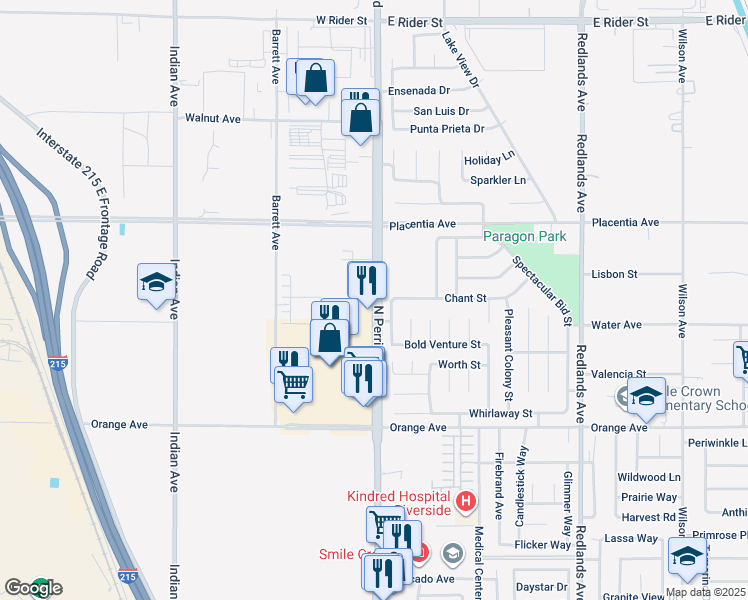 map of restaurants, bars, coffee shops, grocery stores, and more near North Perris Boulevard in Perris