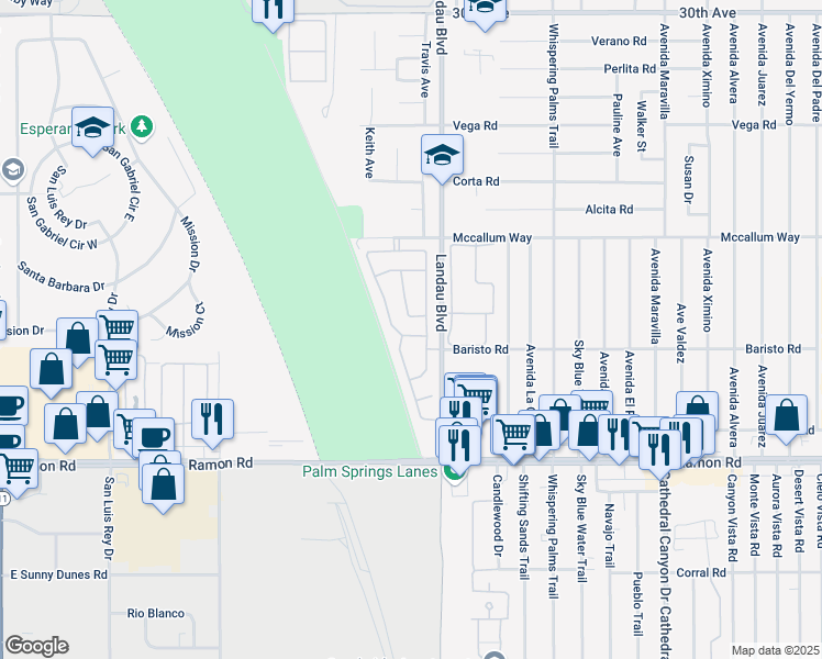 map of restaurants, bars, coffee shops, grocery stores, and more near 67872 Calle Cayuga in Cathedral City