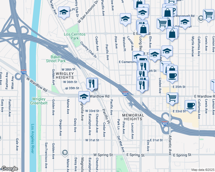 map of restaurants, bars, coffee shops, grocery stores, and more near 3501 Pacific Avenue in Long Beach