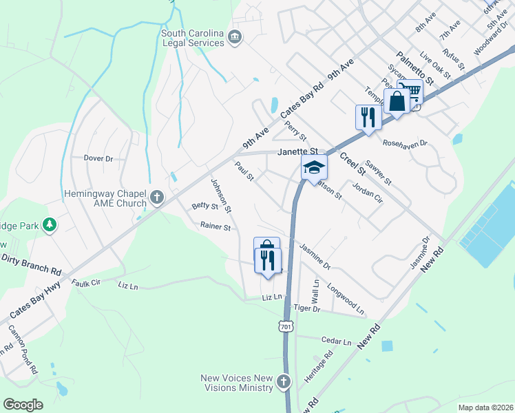 map of restaurants, bars, coffee shops, grocery stores, and more near 436 South Oaks Street in Conway