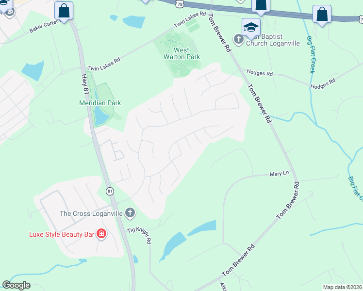 map of restaurants, bars, coffee shops, grocery stores, and more near 635 Arbor Ridge in Loganville