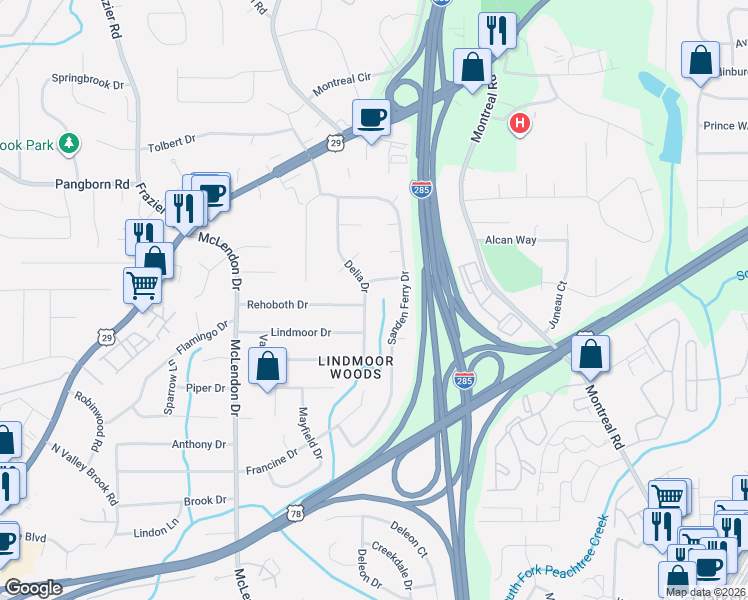 map of restaurants, bars, coffee shops, grocery stores, and more near 1571 Delia Drive in Decatur