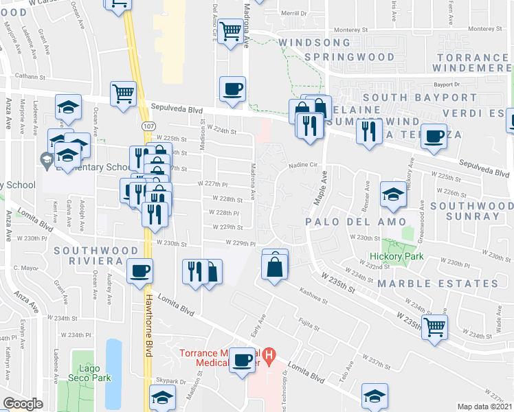 map of restaurants, bars, coffee shops, grocery stores, and more near 411 Madrona Avenue in Torrance