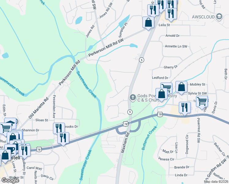 map of restaurants, bars, coffee shops, grocery stores, and more near 5050 Bishops Row in Austell