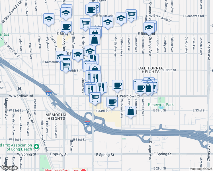 map of restaurants, bars, coffee shops, grocery stores, and more near 3501 Olive Avenue in Long Beach