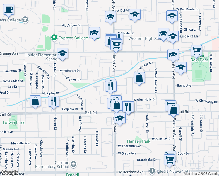 map of restaurants, bars, coffee shops, grocery stores, and more near 3515 West Savanna Street in Anaheim