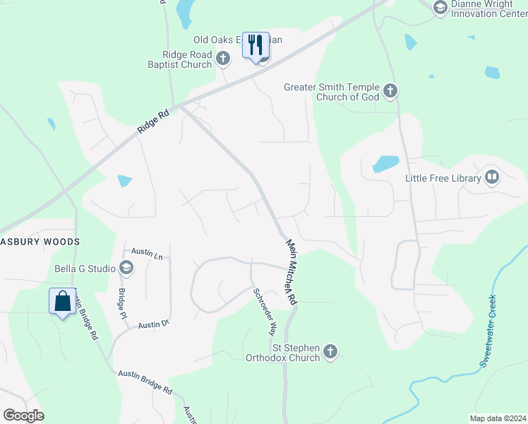 map of restaurants, bars, coffee shops, grocery stores, and more near 43 Misty Cove in Hiram