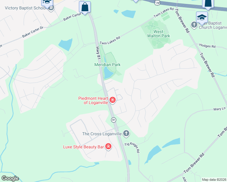 map of restaurants, bars, coffee shops, grocery stores, and more near 132 Tara Commons Drive in Loganville