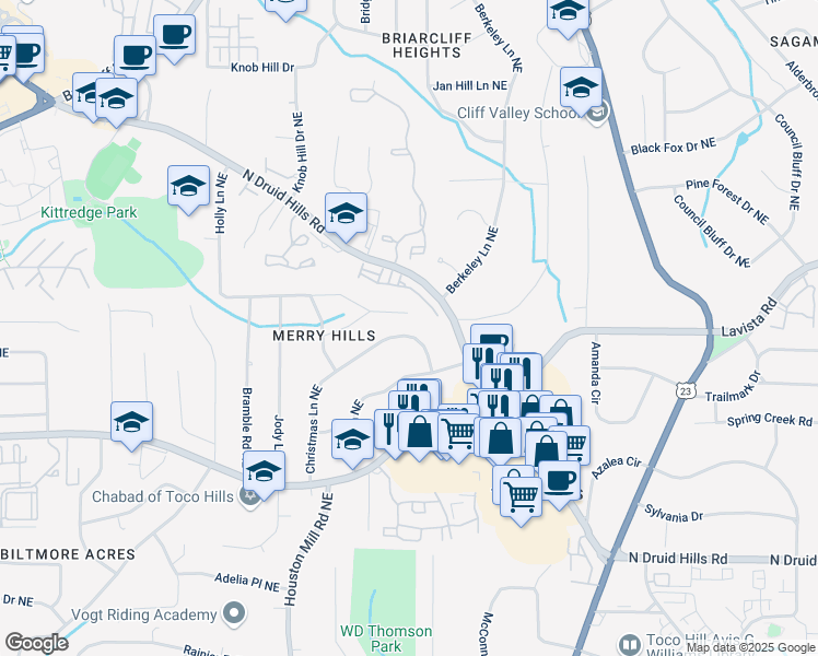 map of restaurants, bars, coffee shops, grocery stores, and more near 1418 Christmas Lane Northeast in Atlanta