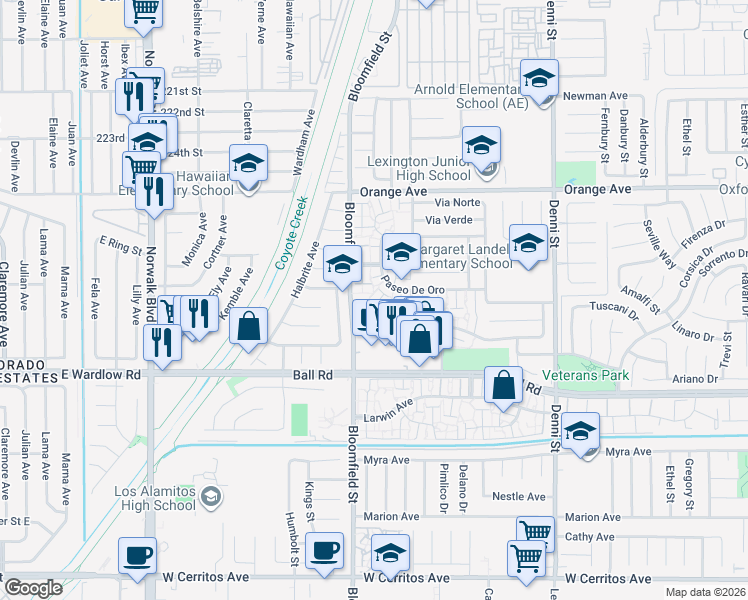 map of restaurants, bars, coffee shops, grocery stores, and more near 4045 Via Encinas in Cypress