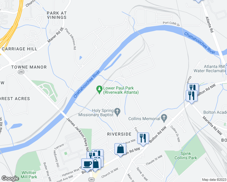 map of restaurants, bars, coffee shops, grocery stores, and more near 2352 Bernard Road Northwest in Atlanta
