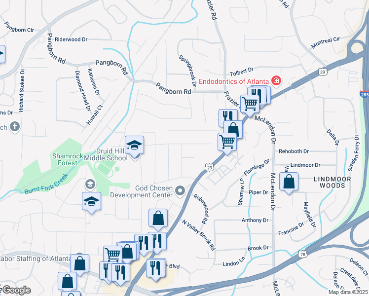 map of restaurants, bars, coffee shops, grocery stores, and more near 2947 Delcourt Drive in Decatur