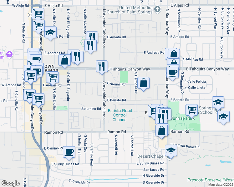map of restaurants, bars, coffee shops, grocery stores, and more near 233 Villorrio Drive East in Palm Springs