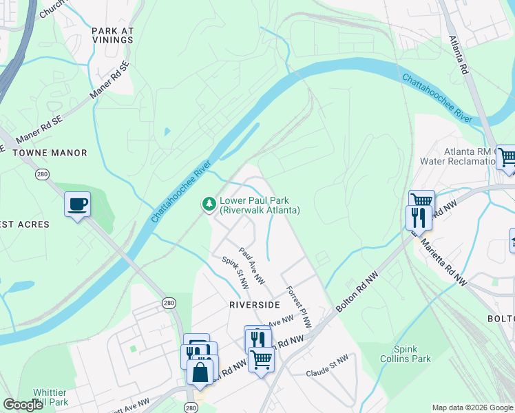 map of restaurants, bars, coffee shops, grocery stores, and more near 2380 Bernard Road Northwest in Atlanta
