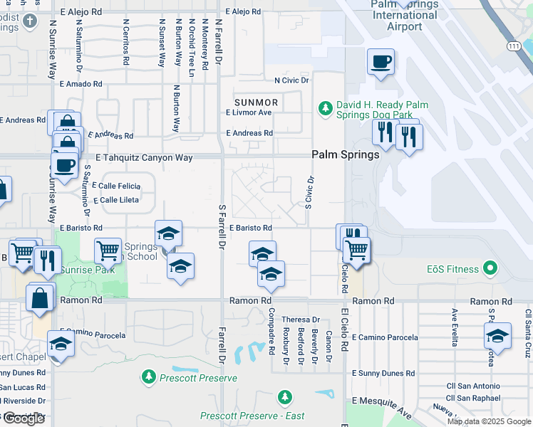 map of restaurants, bars, coffee shops, grocery stores, and more near 191 Vibe Way in Palm Springs