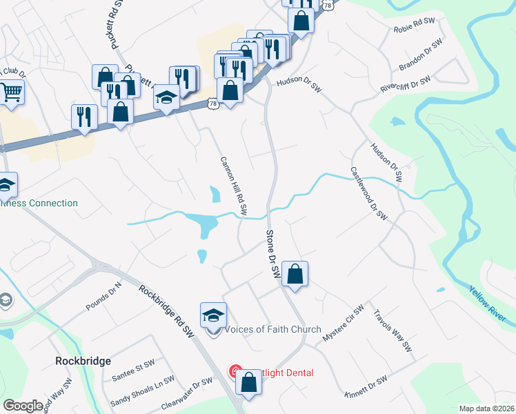 map of restaurants, bars, coffee shops, grocery stores, and more near 2347 Stone Drive Southwest in Lilburn