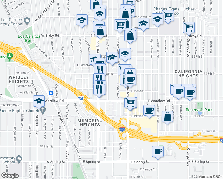 map of restaurants, bars, coffee shops, grocery stores, and more near 3500 Elm Avenue in Long Beach