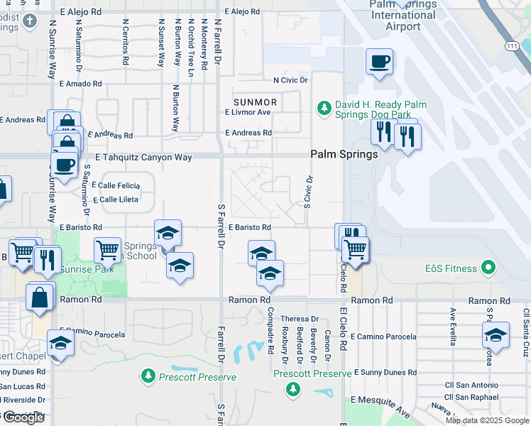 map of restaurants, bars, coffee shops, grocery stores, and more near 191 Vibe Way in Palm Springs