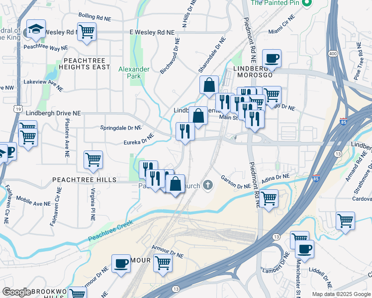 map of restaurants, bars, coffee shops, grocery stores, and more near 425 Lindbergh Drive Northeast in Atlanta