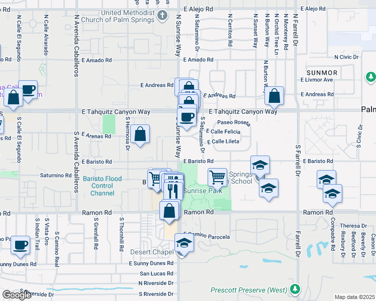 map of restaurants, bars, coffee shops, grocery stores, and more near 1780 East Baristo Road in Palm Springs
