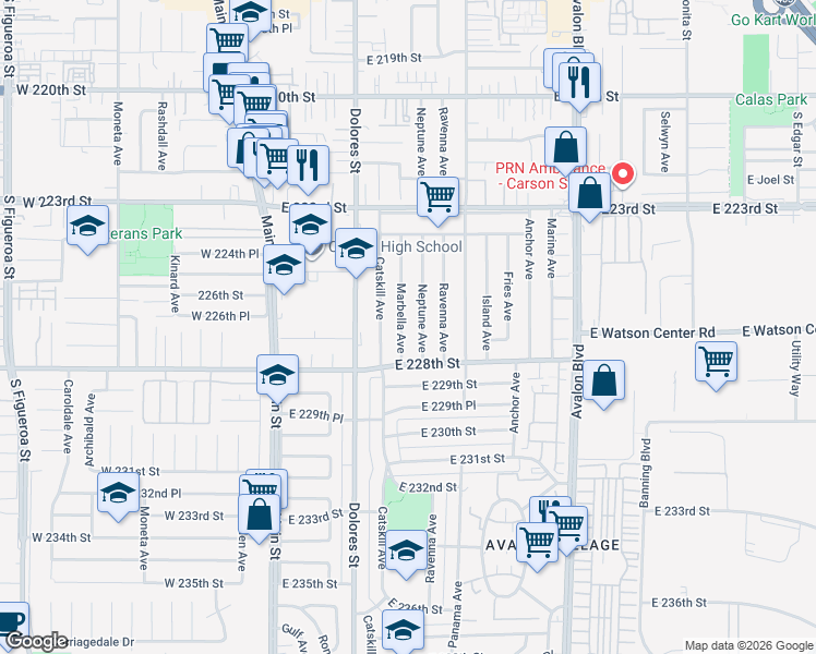 map of restaurants, bars, coffee shops, grocery stores, and more near 22702 Marbella Avenue in Carson