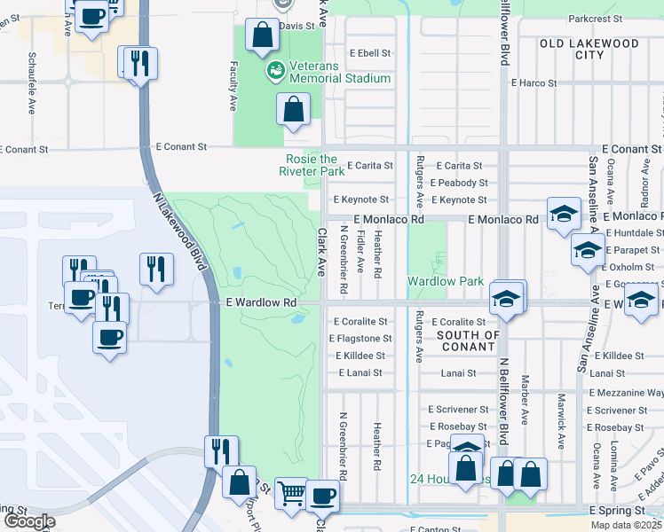 map of restaurants, bars, coffee shops, grocery stores, and more near 3448 Clark Avenue in Long Beach