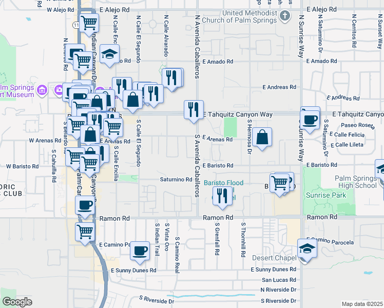 map of restaurants, bars, coffee shops, grocery stores, and more near 255 South Avenida Caballeros in Palm Springs