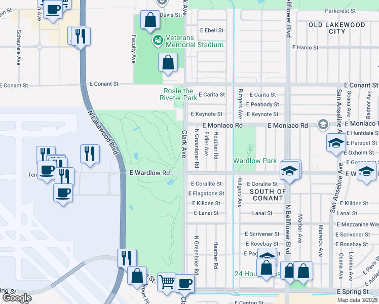 map of restaurants, bars, coffee shops, grocery stores, and more near 3448 Clark Avenue in Long Beach