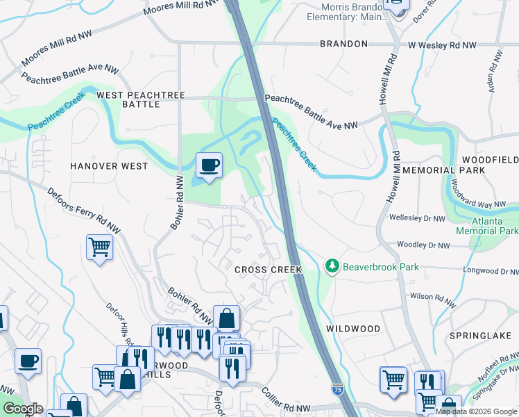 map of restaurants, bars, coffee shops, grocery stores, and more near 58 Monet Court Northwest in Atlanta