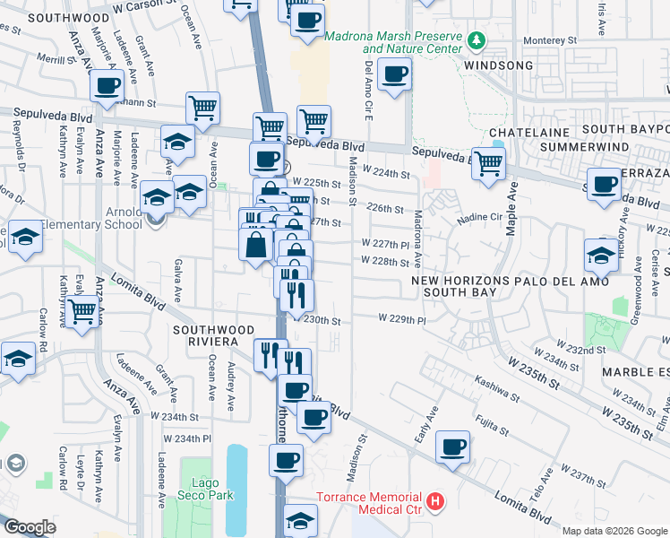 map of restaurants, bars, coffee shops, grocery stores, and more near 3601-3699 West 228th Street in Torrance