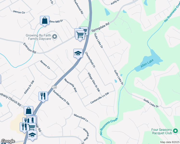map of restaurants, bars, coffee shops, grocery stores, and more near 3188 Village Glen Drive Southwest in Snellville