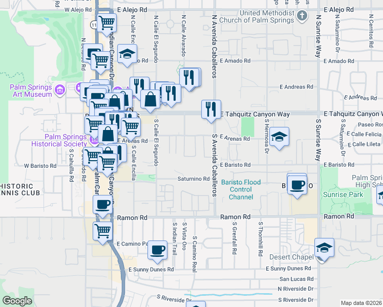 map of restaurants, bars, coffee shops, grocery stores, and more near 829 East Arenas Road in Palm Springs