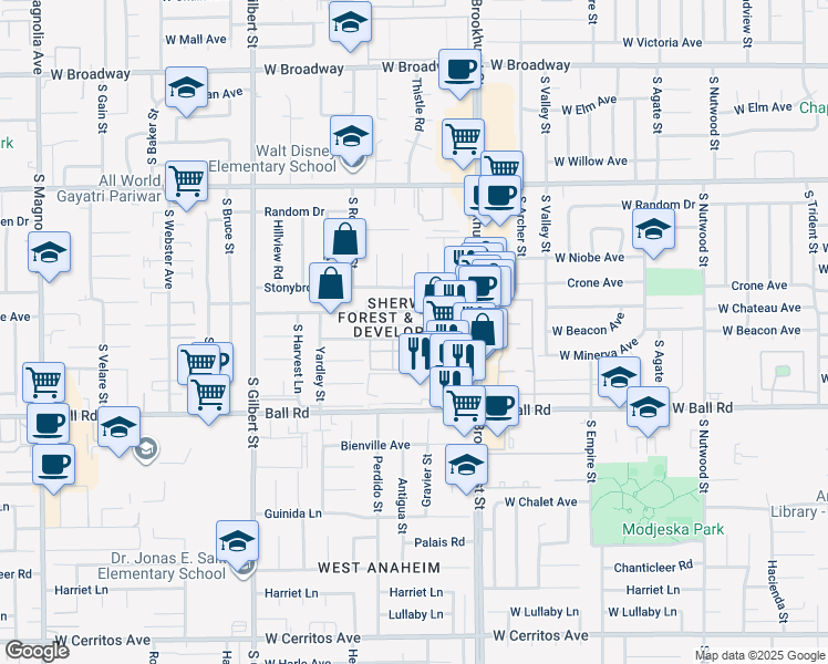 map of restaurants, bars, coffee shops, grocery stores, and more near 2249 West Vancouver Drive in Anaheim