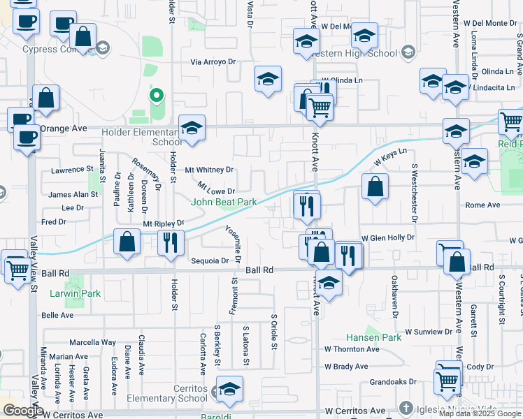 map of restaurants, bars, coffee shops, grocery stores, and more near 3615 West Savanna Street in Anaheim
