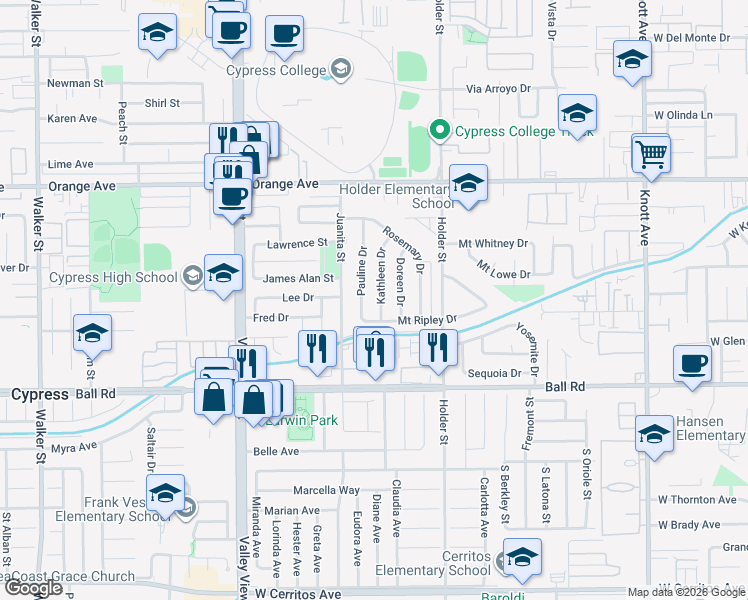 map of restaurants, bars, coffee shops, grocery stores, and more near 9758 Pauline Drive in Cypress