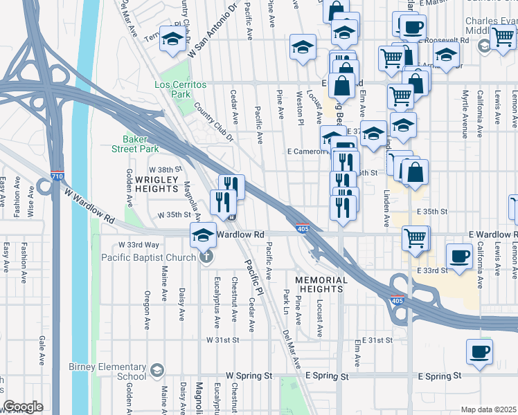 map of restaurants, bars, coffee shops, grocery stores, and more near 3501 Pacific Avenue in Long Beach