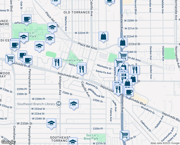 map of restaurants, bars, coffee shops, grocery stores, and more near 1848 Santa Fe Avenue in Torrance