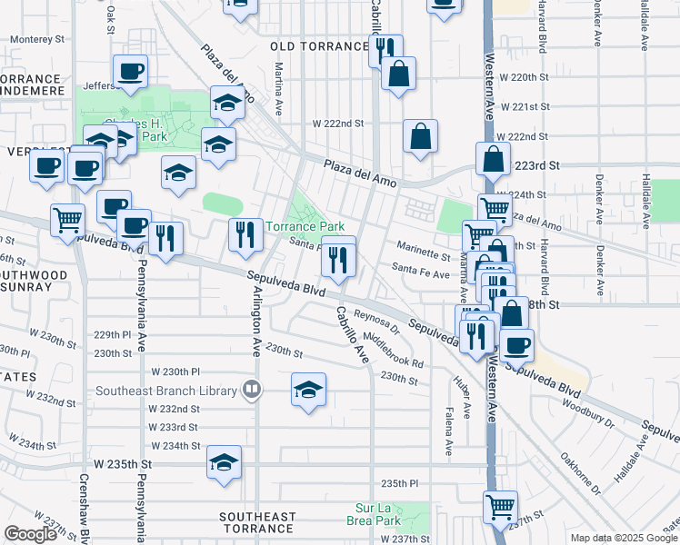 map of restaurants, bars, coffee shops, grocery stores, and more near 2652 Cabrillo Avenue in Torrance