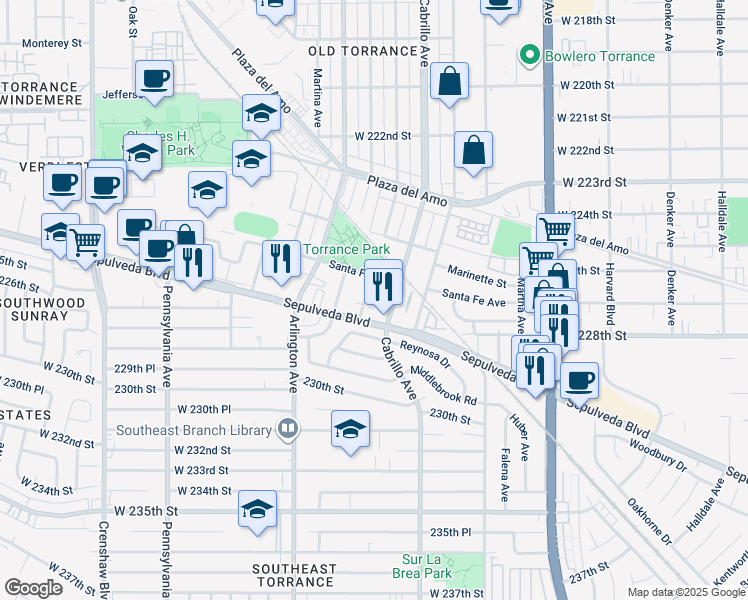 map of restaurants, bars, coffee shops, grocery stores, and more near 2727 Andreo Avenue in Torrance