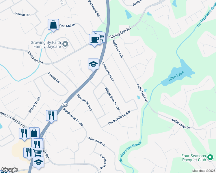 map of restaurants, bars, coffee shops, grocery stores, and more near 3188 Village Glen Drive Southwest in Snellville