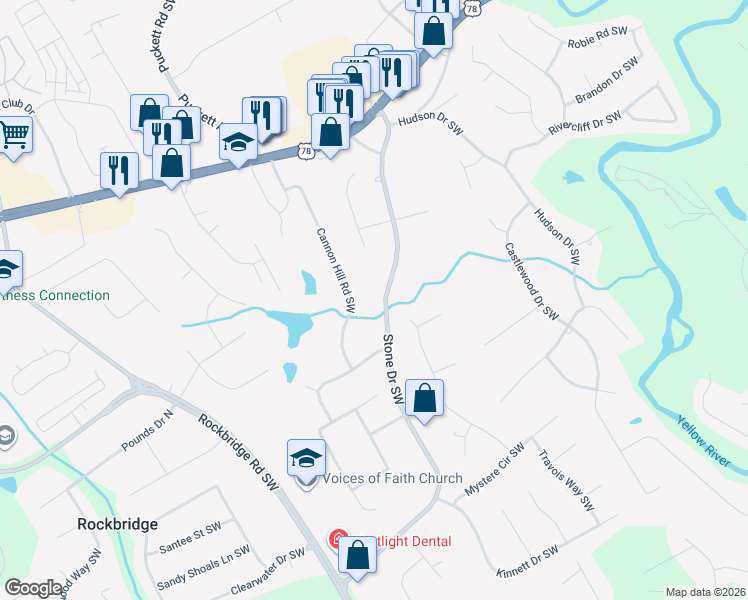 map of restaurants, bars, coffee shops, grocery stores, and more near 2347 Stone Drive Southwest in Lilburn