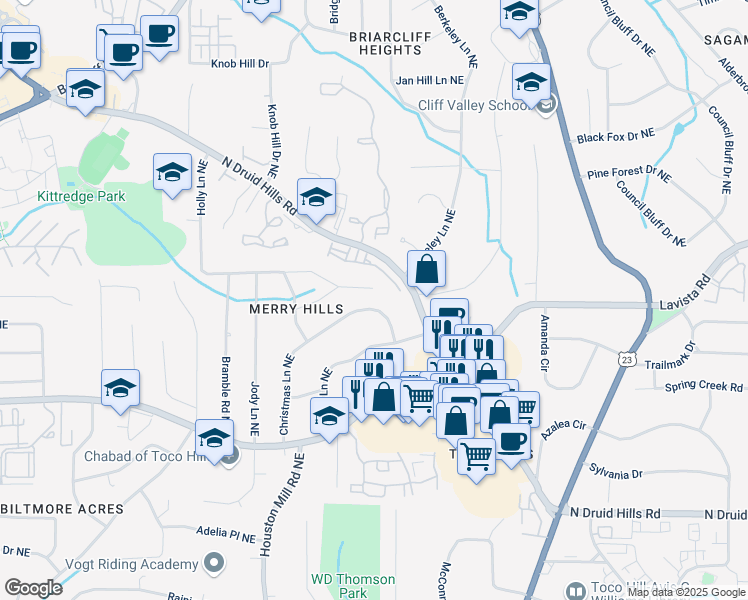 map of restaurants, bars, coffee shops, grocery stores, and more near 1418 Christmas Lane Northeast in Atlanta
