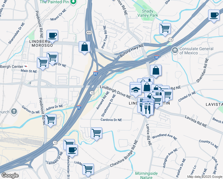 map of restaurants, bars, coffee shops, grocery stores, and more near 928 Lindridge Drive Northeast in Atlanta