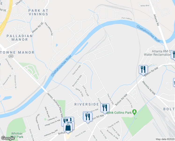map of restaurants, bars, coffee shops, grocery stores, and more near 2380 Bernard Road Northwest in Atlanta