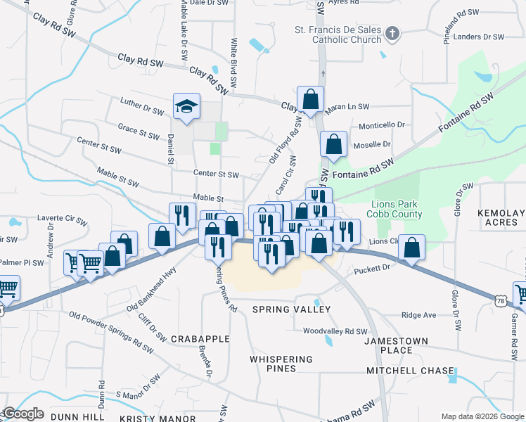 map of restaurants, bars, coffee shops, grocery stores, and more near 844 Fontaine Road Southwest in Mableton