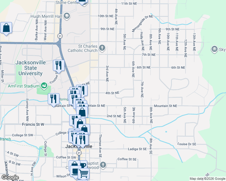 map of restaurants, bars, coffee shops, grocery stores, and more near 402 4th Street Northeast in Jacksonville