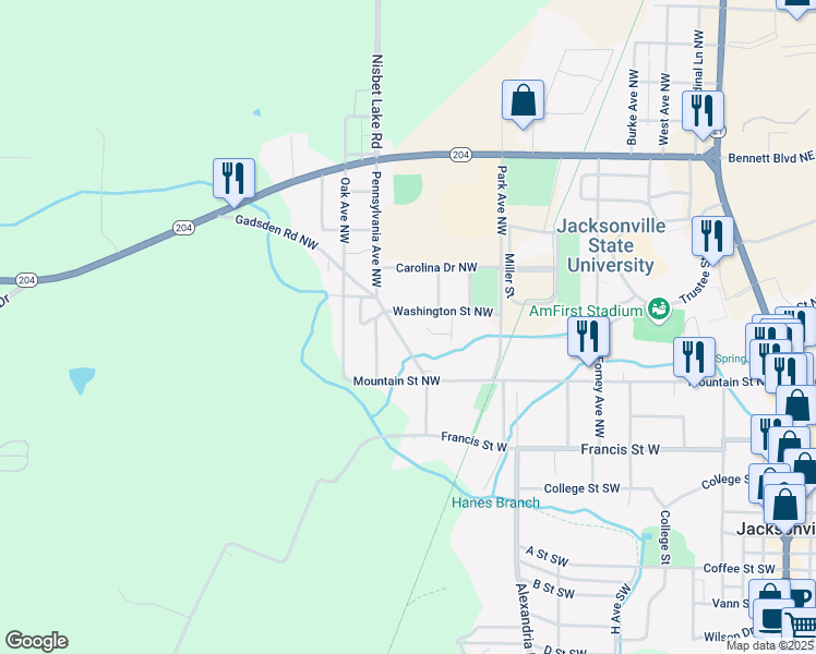 map of restaurants, bars, coffee shops, grocery stores, and more near 523 Gadsden Road Northwest in Jacksonville