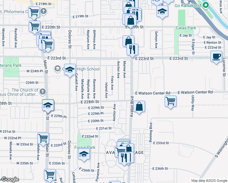 map of restaurants, bars, coffee shops, grocery stores, and more near 22702 Fries Avenue in Carson
