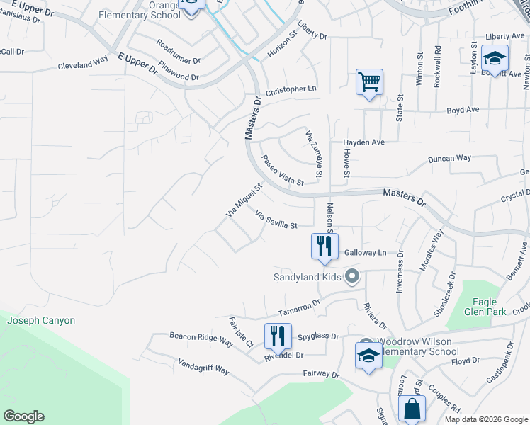 map of restaurants, bars, coffee shops, grocery stores, and more near 1659 Via Sevilla Street in Corona